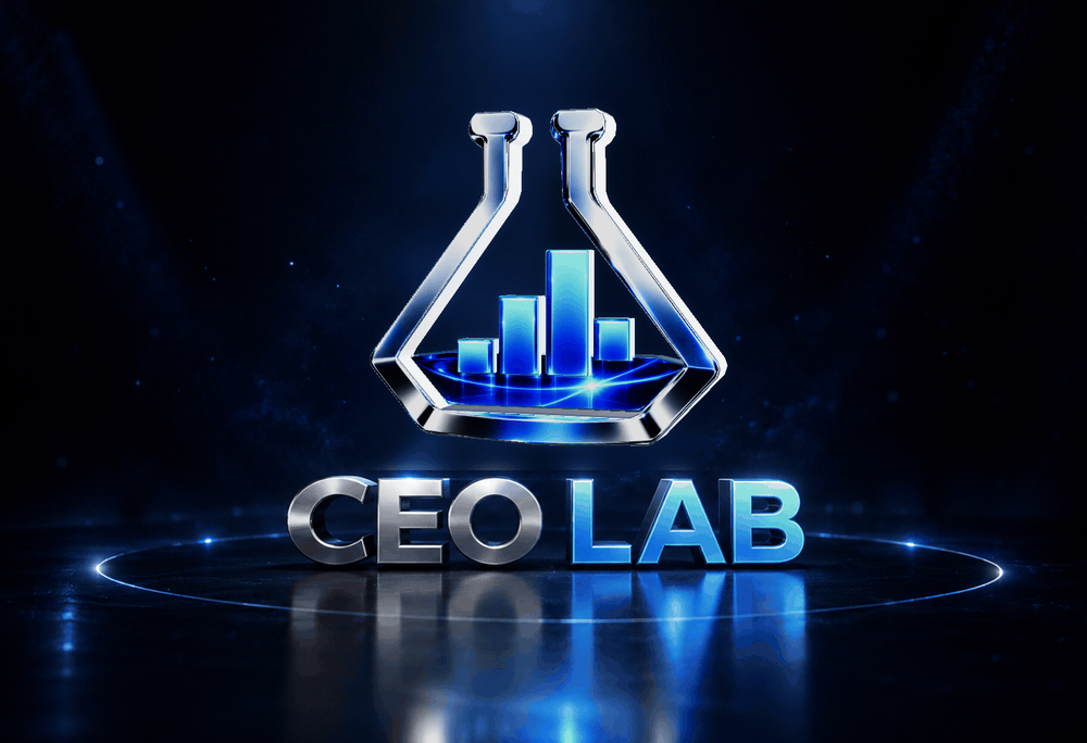 CEO LAB: a silver flask with four blue growth bars above the CEO LAB wordmark